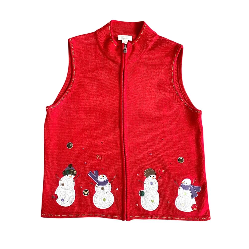 Vintage Snowman Christmas Sweater Vest Red Chunky Knit Zip Front Sleeveless